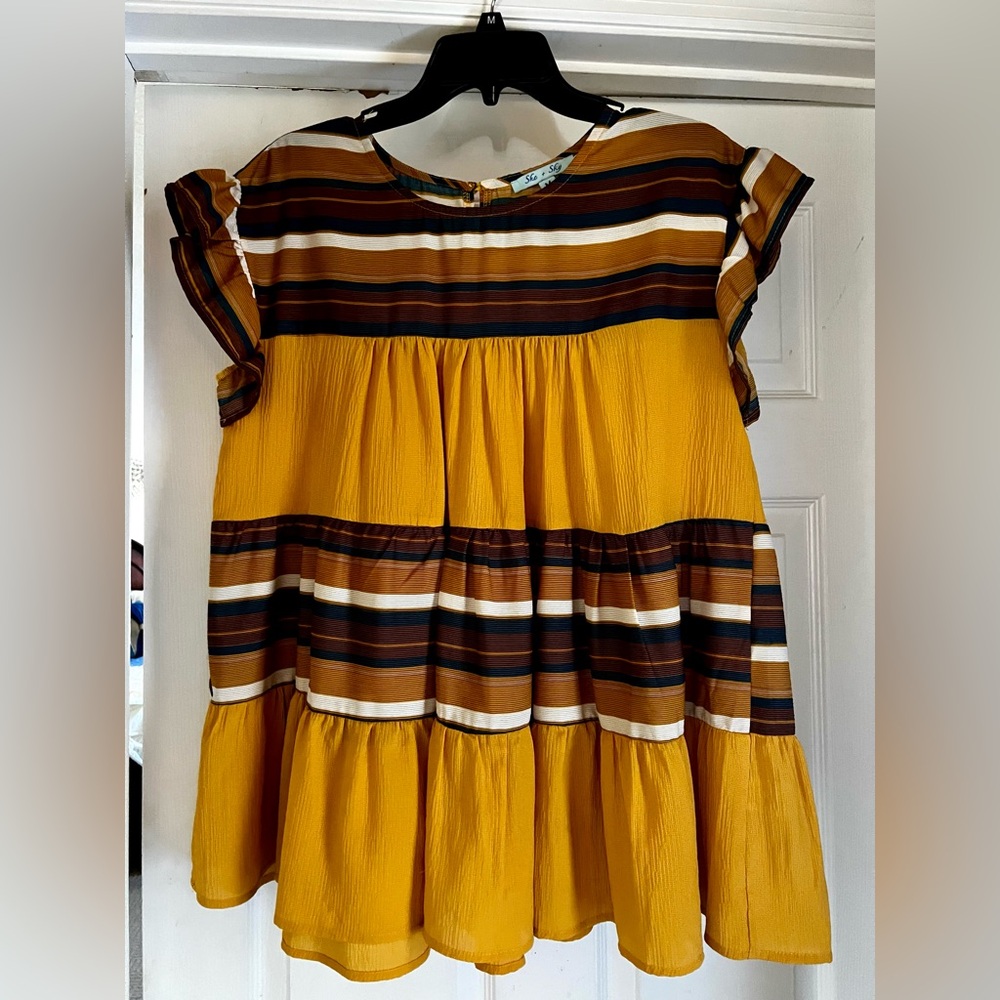 She & Sky Striped Yellow and Brown tiered tunic top